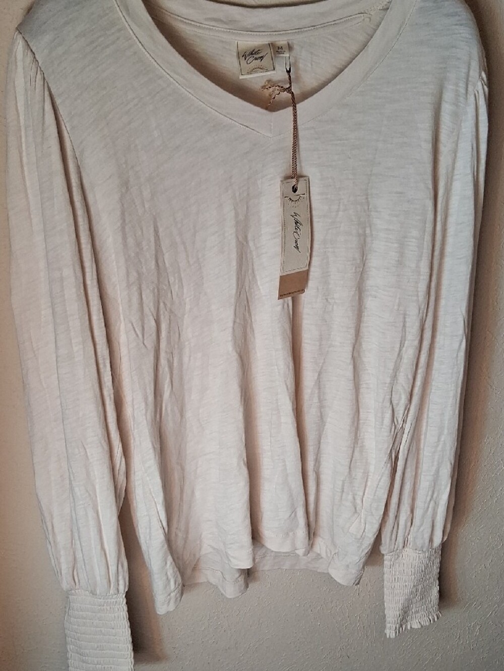 White Crow Crystal Grey Long Proofed Sleeve Smocked Cuff Top NWT